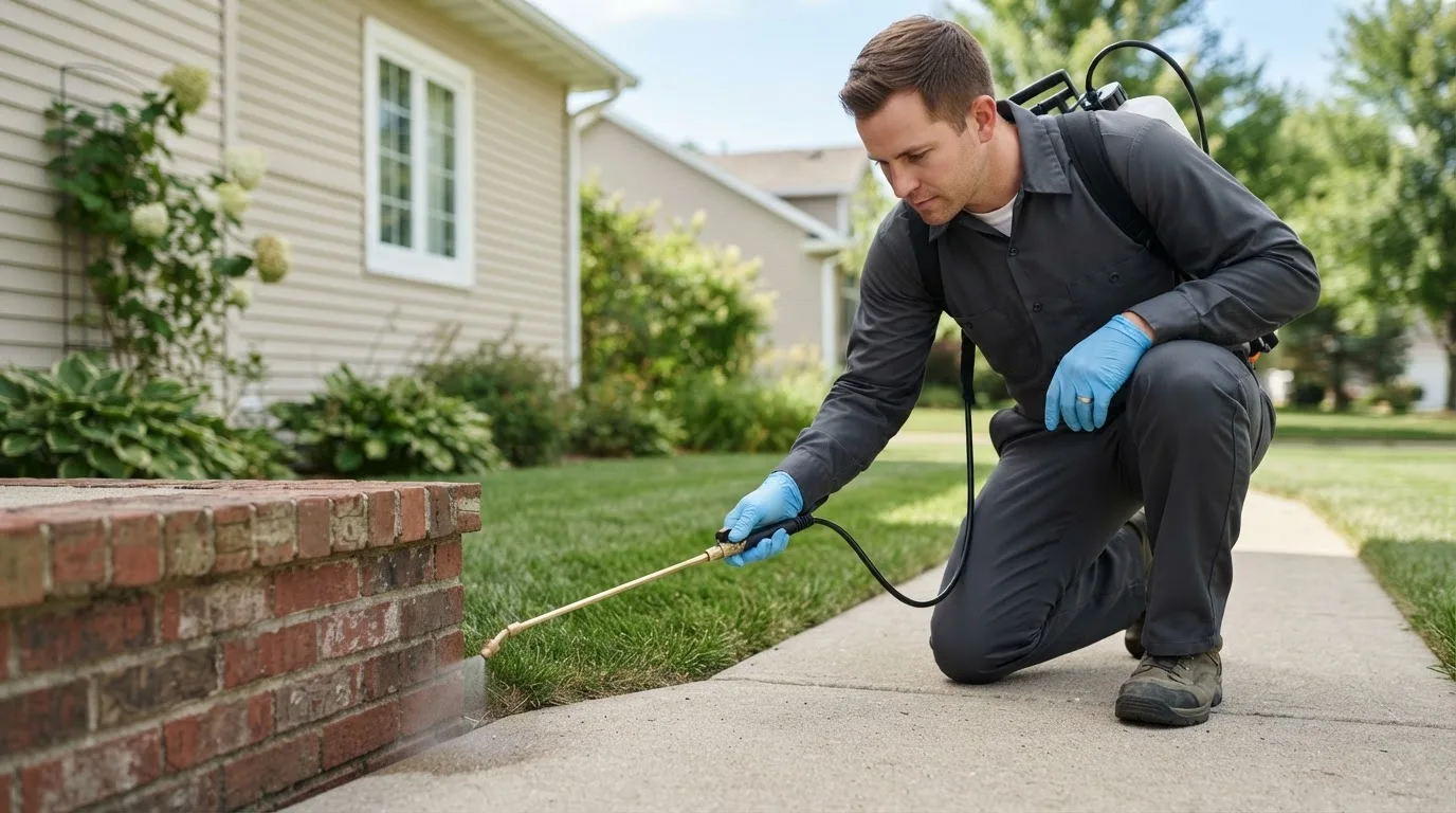 Pest control technician treating a home near Greenfield Park, NY
