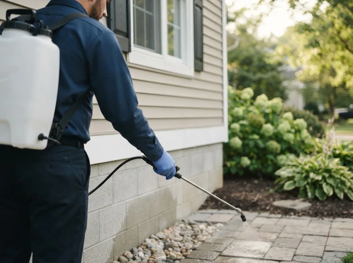 Pest control technician inspecting a home in Greenfield Park, NY